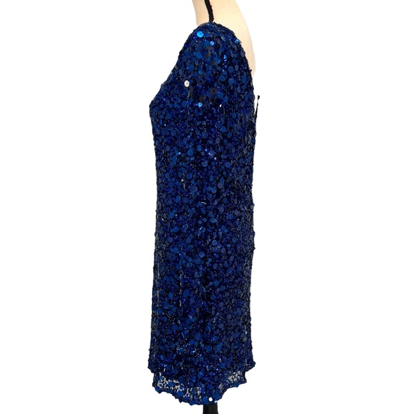 AIDAN MATTOX ROYAL BLUE BATEAU NECK LONG SLEEVE SEQUINED COCKTAIL DRESS - Picture 4 of 15